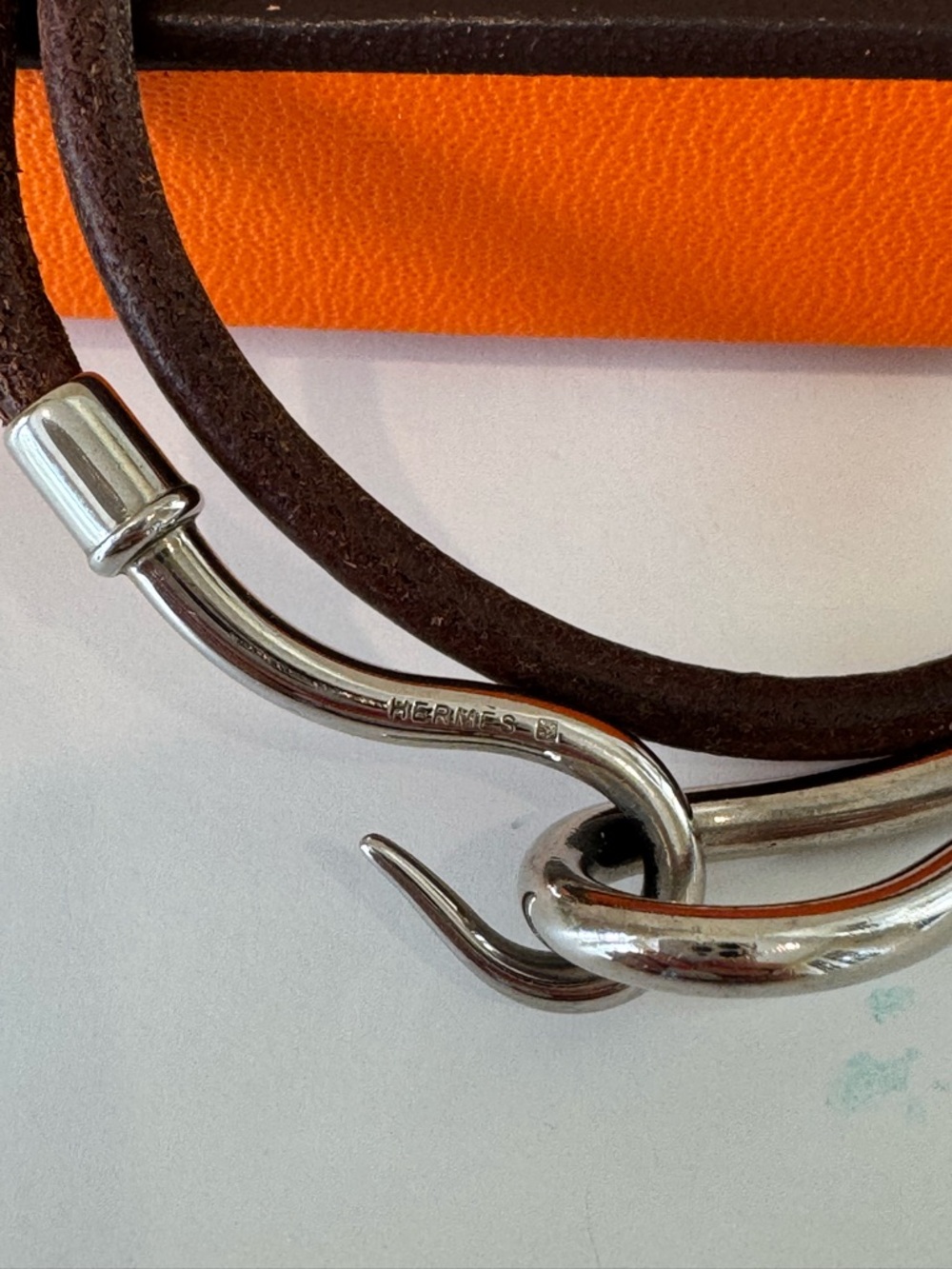 Hermes Orange Box with Brown Leather Double Wrap Bracelet or choker Silver Hook - Picture 2 of 7